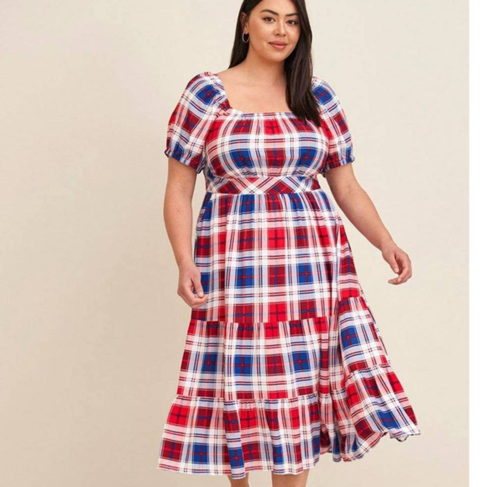 Torrid 4 (4X 26) Red & Blue Plaid Challis Puff Sleeve Rockabilly Western Dress